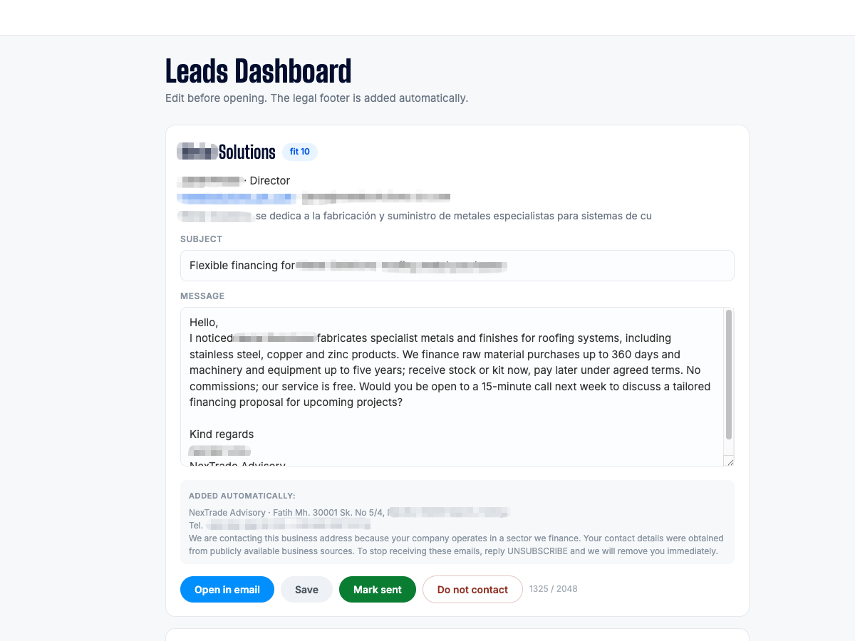 NexTrade leads dashboard with a drafted email ready to review
